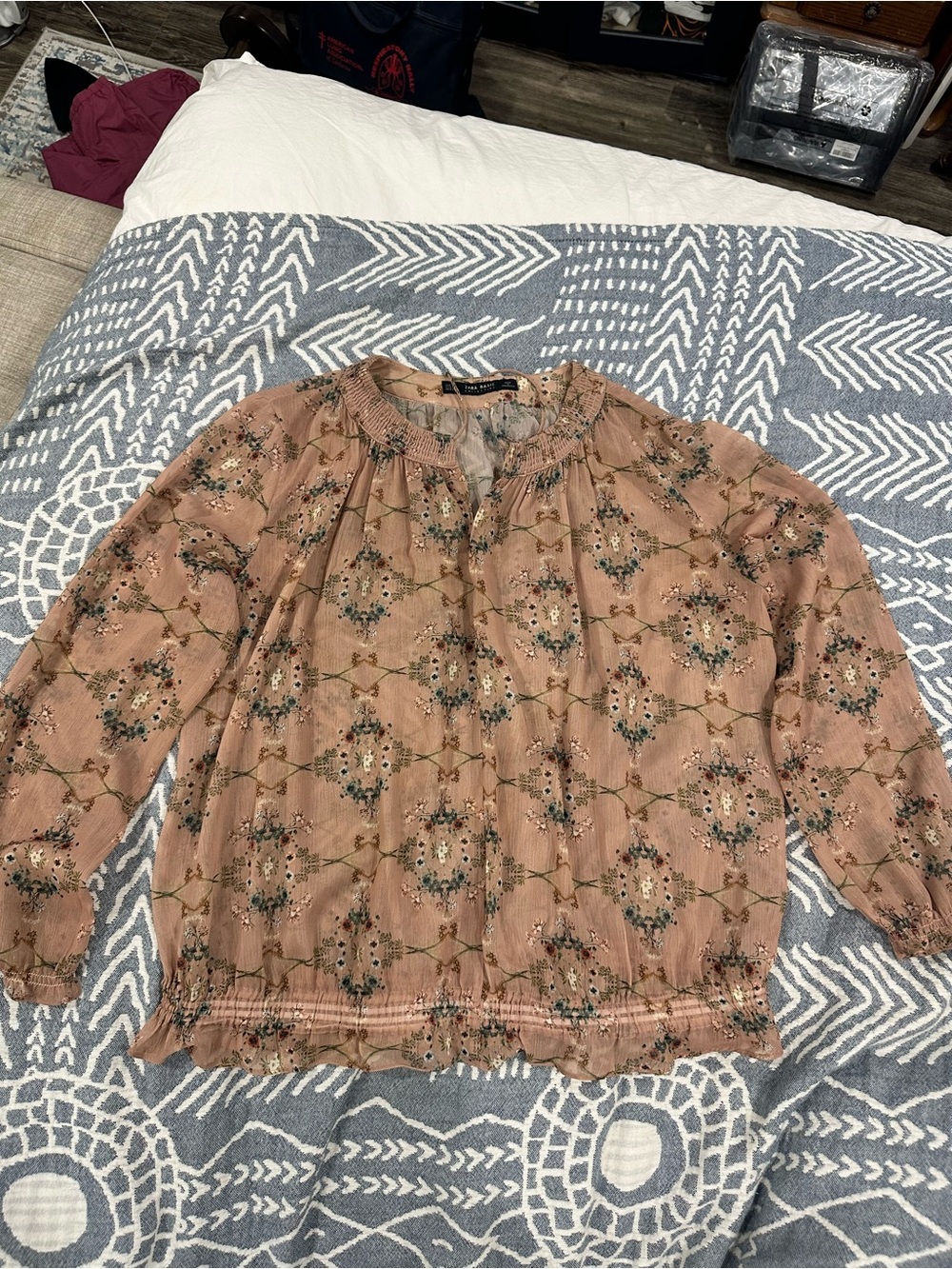 Zara Basic Boho Floral Peasant Blouse - Dusty Rose